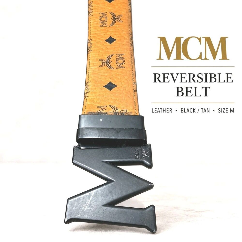 MCM Reversible Monogram Leather Belt Black Tan M Buckle Designer